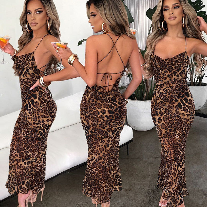 Leopard Print Backless Lace-up midi dress