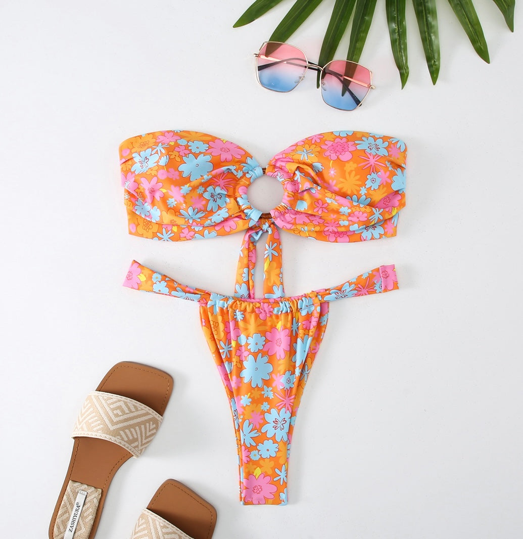 Women's Printed Tube Top Ring Bikini Swimsuit