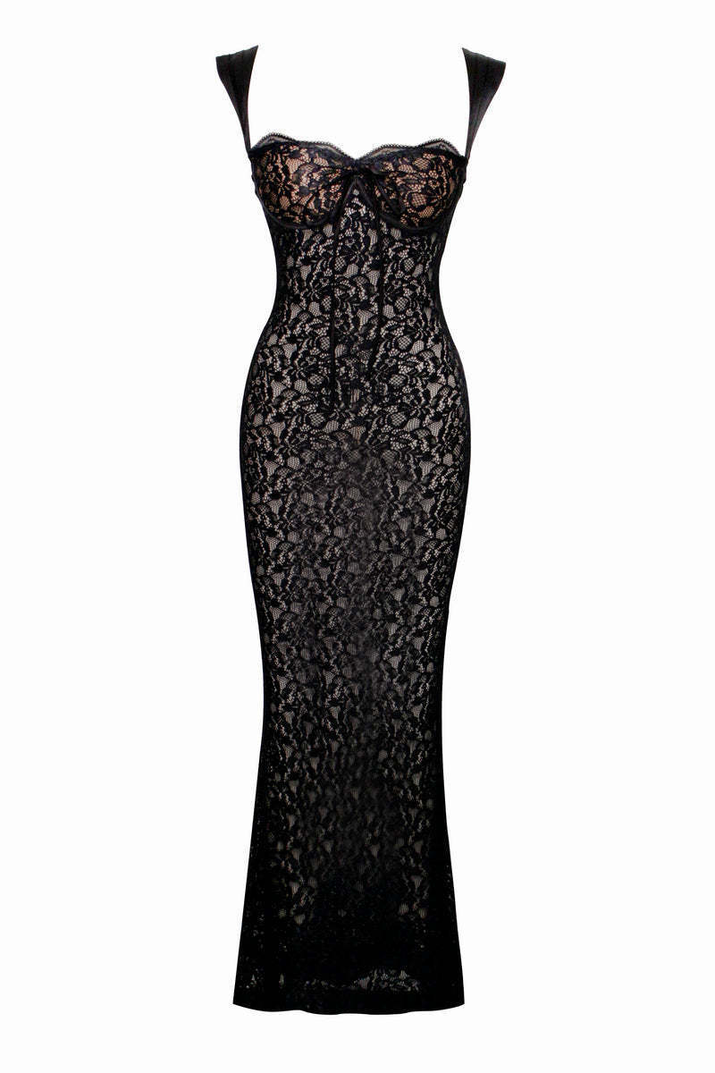 Women's lace sheer Slim-fit Suspender maxi dress