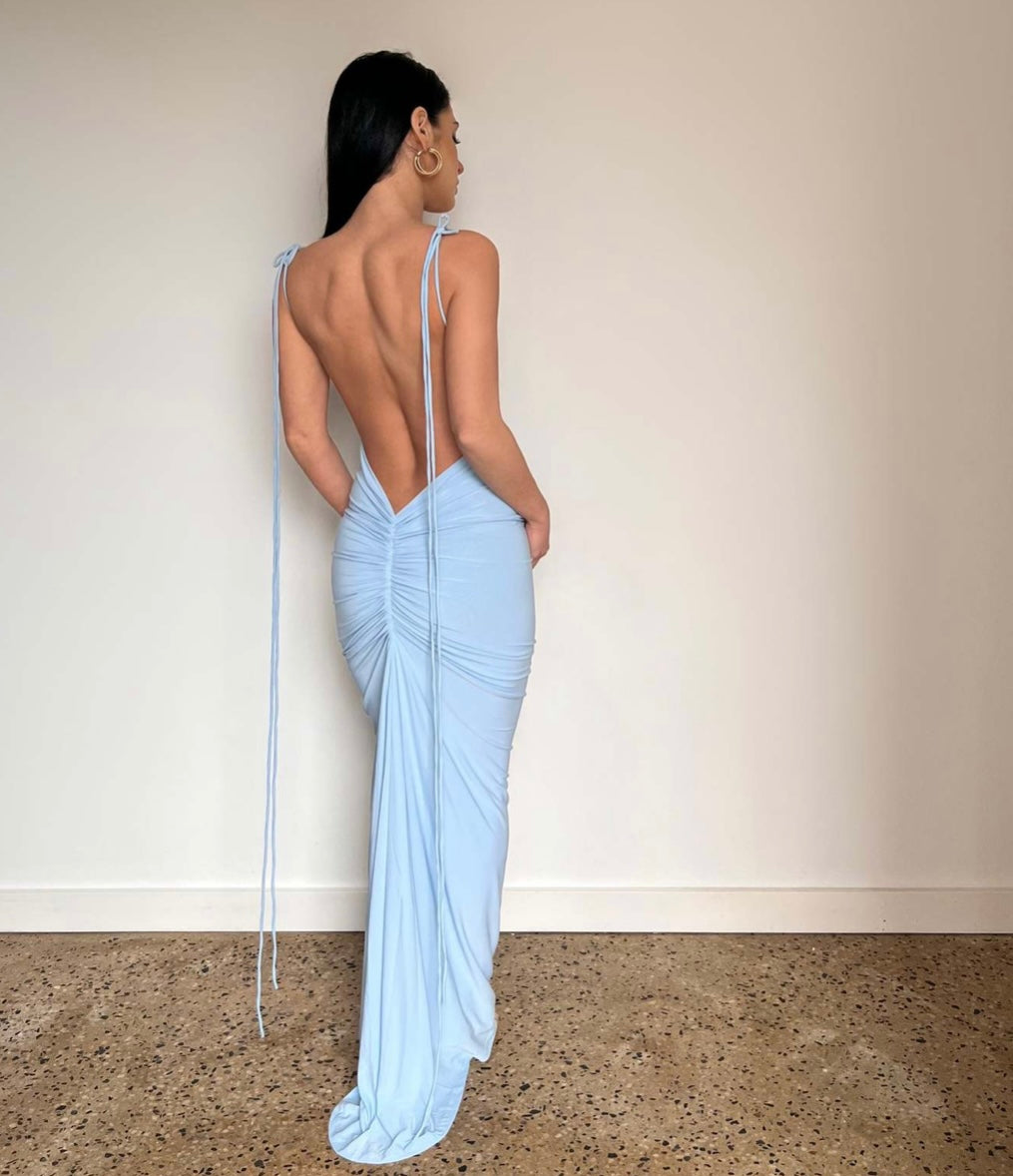 Lace-up Backless Scrunch Halter Maxi Dress