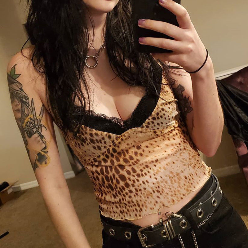 Leopard-print lace halter vest