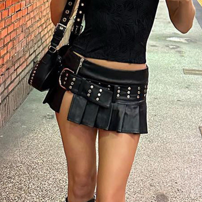 Dark Style Rivet Wide Belt Split Leather Summer Low Waist Skirt