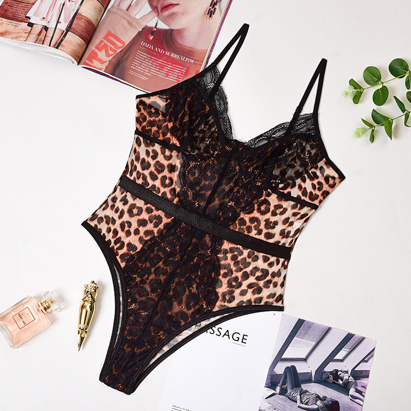 Lace halter leopard print body suit