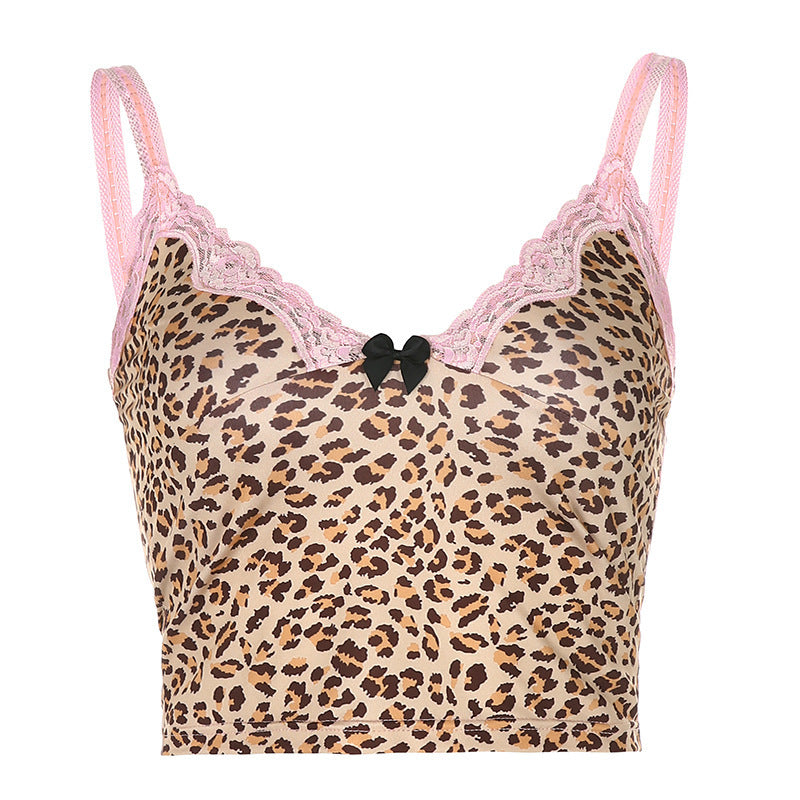 Leopard-print lace halter vest