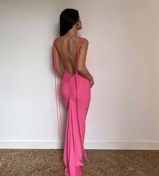 Lace-up Backless Scrunch Halter Maxi Dress