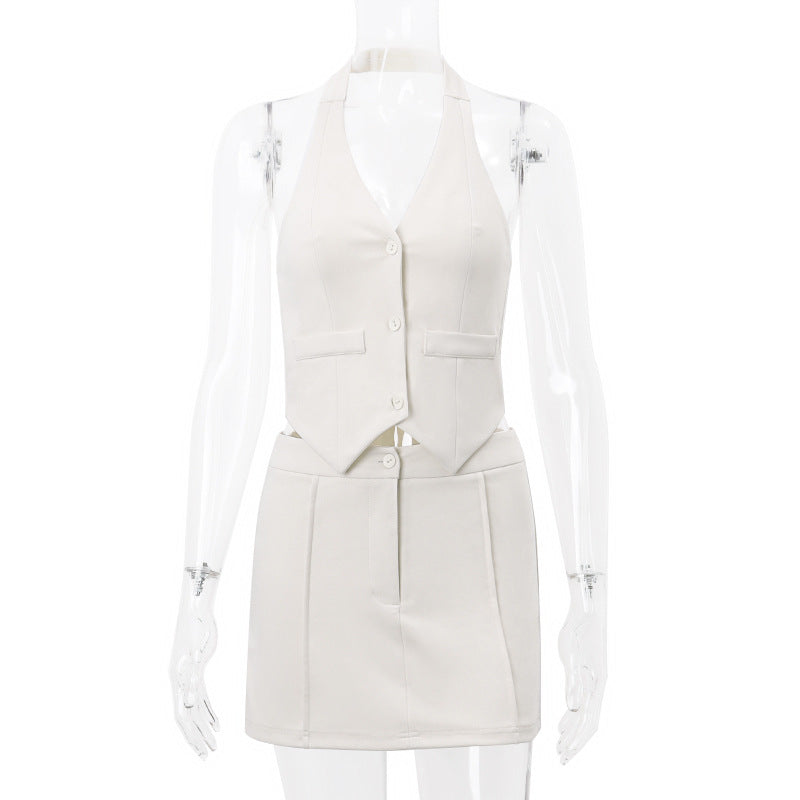 Irregular V-neck Halterneck Vest Stitching Skirt Suit