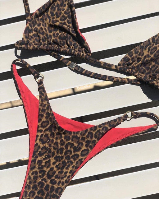 Leopard print Thong Red Lined Bikini Set